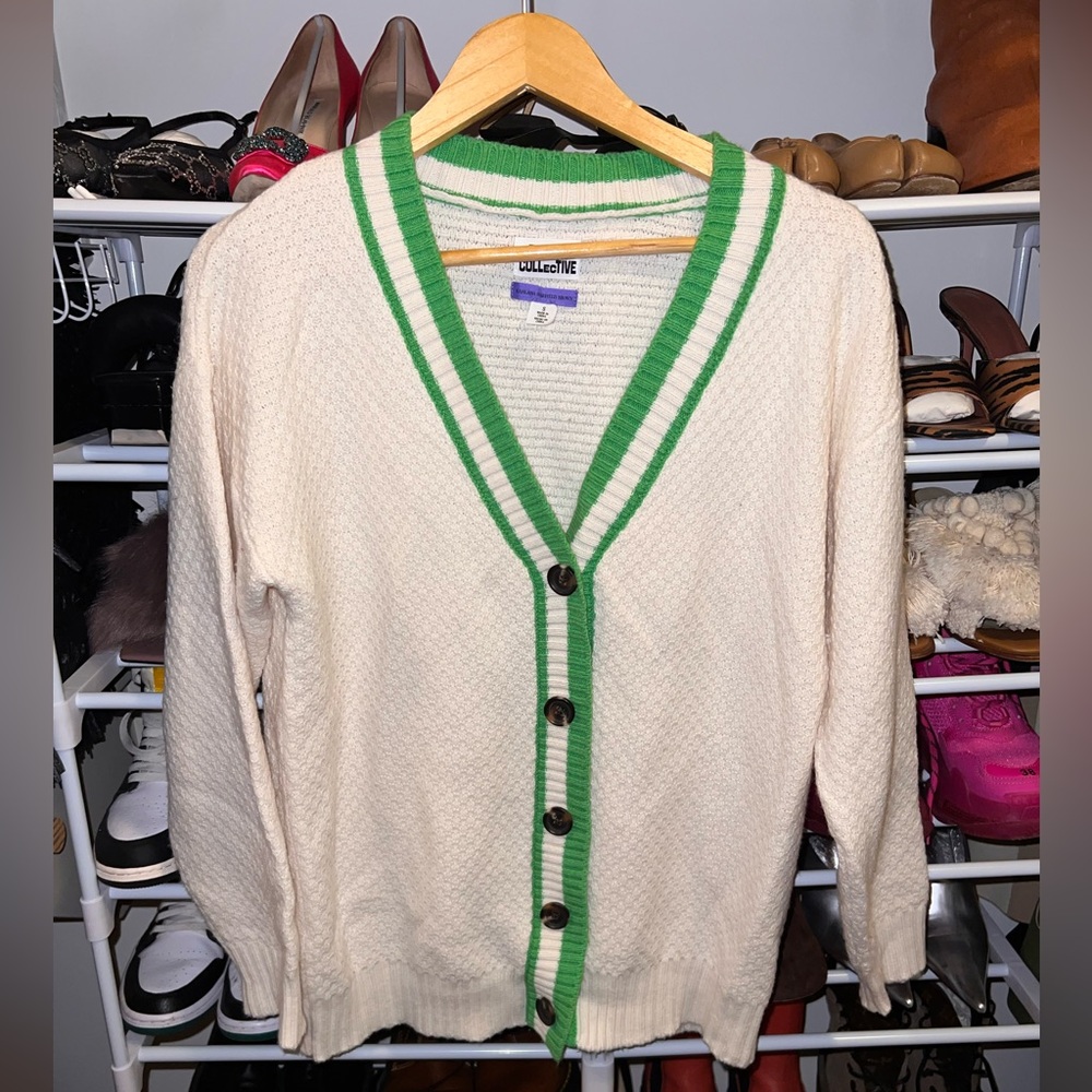 Cream Cardigan with Green Accents